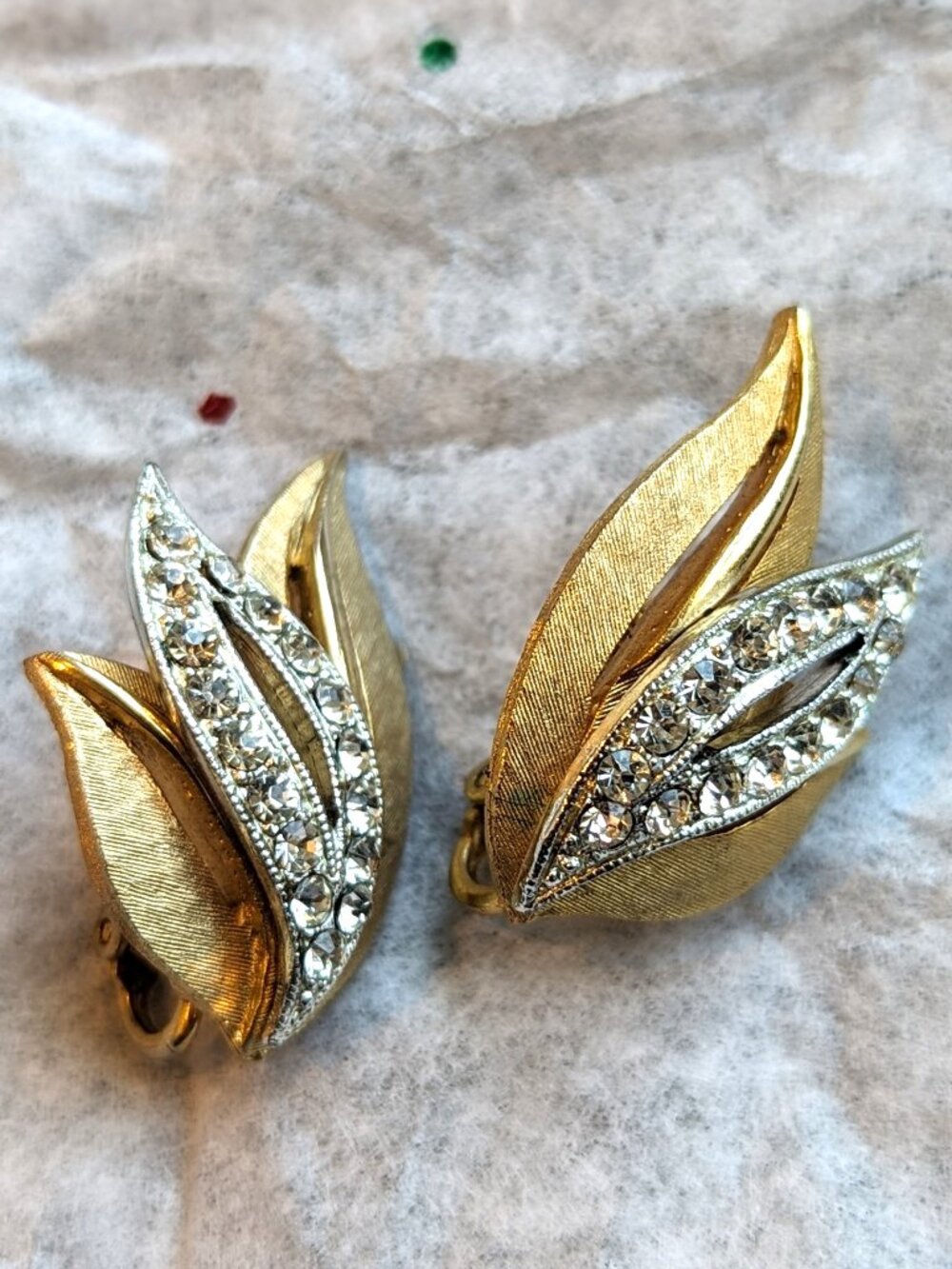 Vintage Gold & Silver Tone Clip On Leaf Earrings with Clear Stones